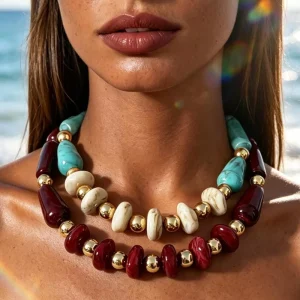 Double Teardrop Bead Bib Necklace with Two-Layer Turquoise Marbled Acrylic Beads