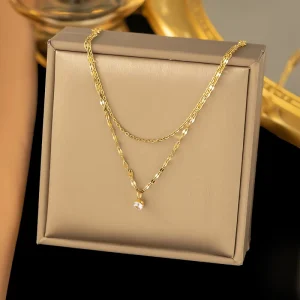 Double layer Stainless Steel Jewelry Necklace Fashionable Women’s Necklace Gold Zircon Pendant Necklace