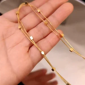 Double-layer Stainless Steel Jewelry Necklace with Golden Snake Bone Chain and Small Square Pendant