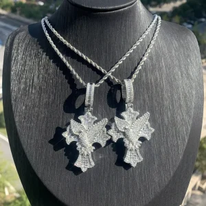 Dove Cross Pendant Necklace with Full CZ Stones for Men Hip Hop Jewelry