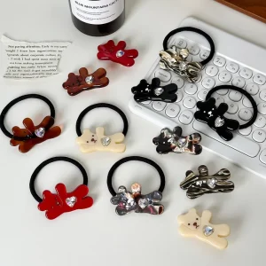 Dowell Girls Sweet Style Bear Acetate Hair Pins and Elastic Rope Hair Decoration for Parties Pretty Elegant