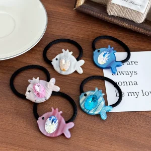 Dowell Korean Cute Puffer Shape Acetate Rhinestones Sweet Elastic Rubber Hair Band