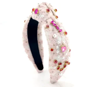 Dream Fashion Heart Shaped Crystal Pearl Bowknot Headband Women’s Knitted Pink Top Knot Women Hair Accessories