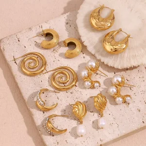 Dreamshow Fashion Fresh Water Pearl Earrings Set Gold Plated Zircon Jewelry Stainless Steel Earring Set