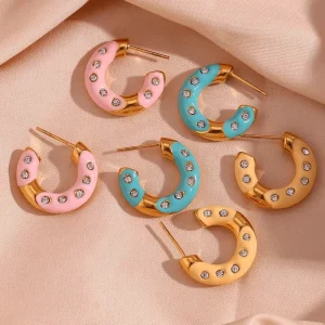 Dreamshow Jewelry Colorful Enamel Donut Zircon Earring Gold Plated Stainless Steel Hoop Earring