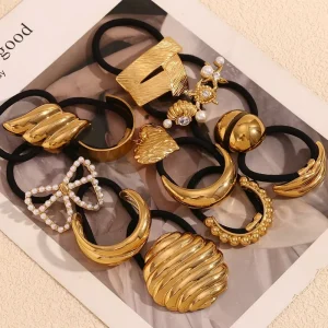 Dreamshow Jewelry Set Hair Ties for Women 18k Gold Plated Jewelry Stainless Steel Hair Accessories Ties for Girls