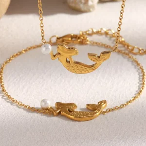 Dreamshow Mermaid Imitation Pearl Jewelry Set 18k Gold Plated Necklace Bracelet Set Stainless Steel Jewelry
