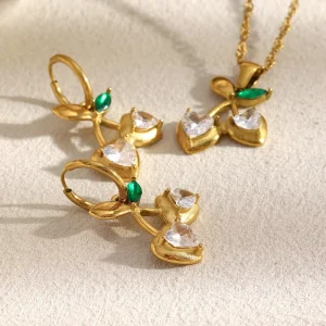 Dreamshow Zircon Cherry Jewelry Set Gold Plated Stainless Steel Necklace and Earring Set Fashion Jewelry Women