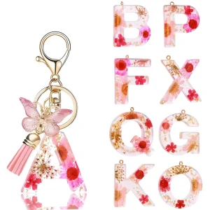 Dried Flower Resin Initial Letter Keychain with Pink Butterfly Tassel A-Z Key Ring Personalized Letter Bag Charm Gift for Women