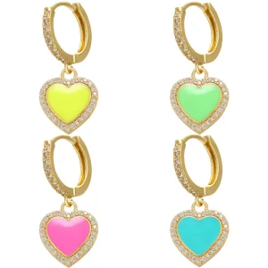 Drip Oil Colored Design Heart Shaped Silver Gold Plated Women’s Drop Earrings Gift with Claw Setting