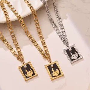 Drip Oil Frame Stainless Steel Link Chain Relief Image Pearl Pendant Necklace Luxury Women’s Accessories
