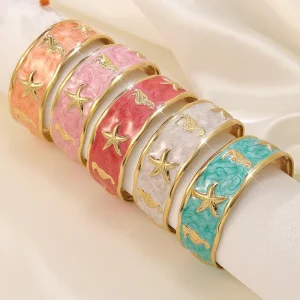 Drip Oil Shell Conch C Shape Open Bangle Stainless Steel Adjustable Starfish Seahorse Bracelet for Women