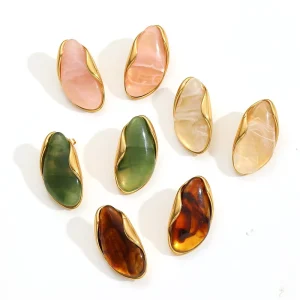 Drop Earrings Water Drop Shaped Irregular Amber Resin 316L Stainless Steel Jewelry 18K PVD Gold Earrings