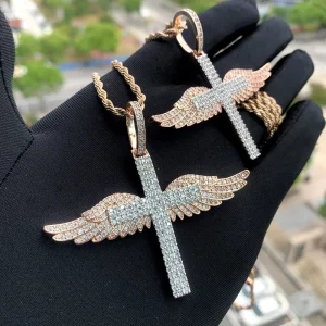 Dropshipping Ready Angel Wing Cross Pendant Necklace for Men Hip Hop Jewelry