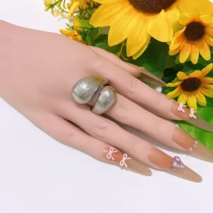 Dual Bulb Gradient Matte Silver Open Ring Chunky Textured Statement Finger Ring Adjustable Retro Jewelry