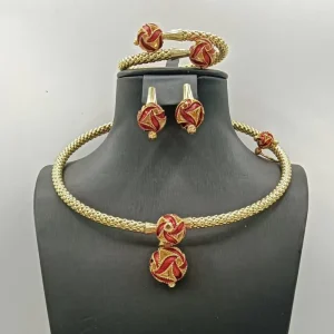 Dubai African Style 24K Gold Plated Red Enamel Jewelry Set Choker Necklace Earrings Ring Bracelet for Nigerian Bridal