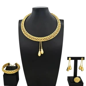 Dubai Braided Gold Plated 4Pcs Jewelry Set Choker Necklace Bangle Earrings Ring for Wedding Party HS26007
