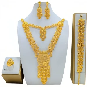 Dubai Gold Color Jewelry Sets for Women African Wedding Tassel Jewelry Long Chain Necklace Earring Bracelet Ring Set