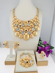 Dubai Gold Plated 4Pcs Jewelry Set Brushed Gold Multi Stone Bib Necklace Earrings Bracelet Ring for Women Wedding Party