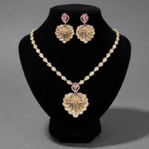 Dubai Gold Plated Jewelry Set for Women African Bridal Costume Jewelry Colorful CZ Shell Pendant Necklace Earrings
