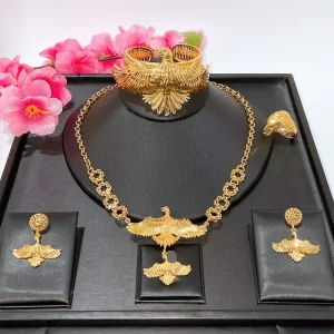 Dubai Gold Plated Jewelry Sets Women Flying Eagle Pendant Necklace Textured Feather Cuff Bangle Drop Earrings HK2502