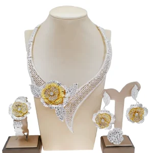 Dubai Gold Plated Latest Designs Jewelry Heavy Bridal Wedding Big Flower Necklace Earrings Jewelry Set