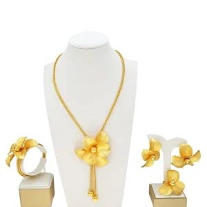 Dubai Italian Gold Style 24K Gold Plated Orchid Flower Jewelry Set Necklace Earrings Ring Bracelet African Fashion