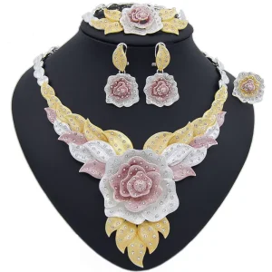 Dubai Jewelry Sets Austria Crystal Tri color Big Flower Pendant Necklace Earrings Nigeria Wedding African Bijoux
