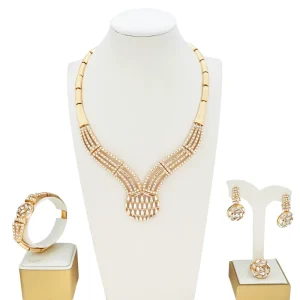 Dubai Style 24K Gold Plated Baguette Rhinestones Jewelry Set 4 Piece Art Deco Statement Set for Nigerian Bridal