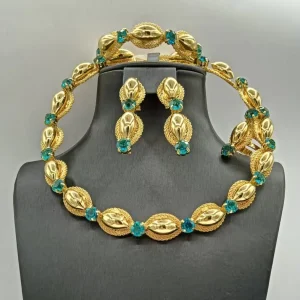 Dubai Style 24K Gold Plated Blue Crystal Jewelry Set 4 Piece Mesh Teardrop Bridal Set for Nigerian Weddings