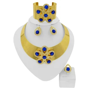 Dubai Style 24K Gold Plated Blue Rhinestones Flower Jewelry Set 4 Piece Choker Set for Nigerian Bridal Weddings