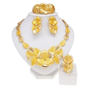 Dubai Style 24K Gold Plated Flower Jewelry Set 4 Piece Matte Statement Set for Nigerian Bridal Weddings