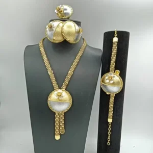 Dubai Style 24K Gold Plated Two Tone Flower Jewelry Set 4 Piece Mesh Chain Set for Nigerian Bridal Weddings