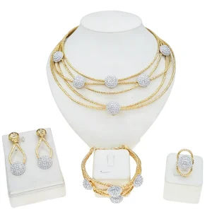 Dubai Style 4-Piece Jewelry Set Multi-Layer Chain with Pave Balls Elegant Nigerian Bridal Statement Set for Weddings & Occasions