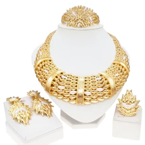 Dubai Style Bold Gold Scale Jewelry Set Floral Spiky Design with White Accents Nigerian Bridal Statement Set Weddings & Parties