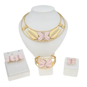 Dubai Style Gold Butterfly Jewelry Set Enamel & Crystal Accent Choker Bold Nigerian Bridal Statement Set for Weddings & Parties