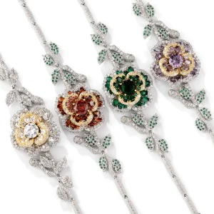 Dubai Two Tone Amethyst Flower Bracelet Paved Diamond Leaf Design Luxury Bridal Statement Bangle Supplier