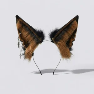E0012 Gothic Wolf Ear Faux Fur Headband Punk Plush Animal Ears with Cross Chain Rivet Alt Fashion Cosplay Hair Accessory