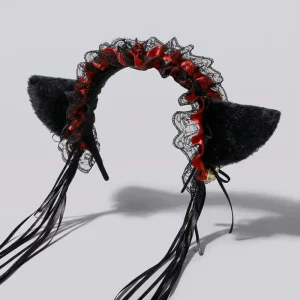 E0030 Lace Robbion Cat Ears Headband Sweet Lolita Hair Hoop Plush Cat Ears Headband with Bell Cosplay Hair Hoop