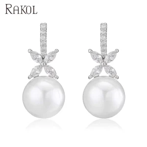 EP5123 White Gold Plated Pearl Jewelry Bow Shape Zircon Earrings Jewelry