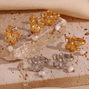 Ear Clips for Women with 316L Stainless Steel Jewelry 18K PVD Gold Flower Zircon Pearl Earrings