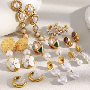 Ear Cuff Earrings Set Clip on Earrings Non Pierced for Women Zircon Pearl Gold Plated Stainless Steel