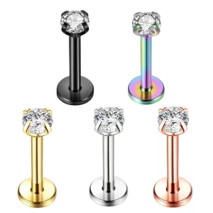 Ear Studs Prong Clear Zirconia Labret Stud Ear Cartilage Tragus Piercing ASTM F136 Titanium Internal Thread Labret