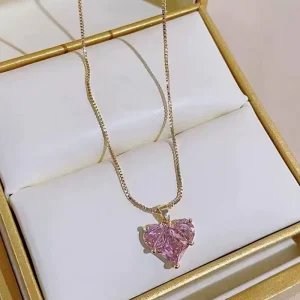 Earring Necklace Set Pink Peach Heart Drop Pendant Earrings for Women Girl Sweet Accessories Jewelry