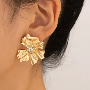 Earrings Fashionable Large Gold Flower Rhinestone Geometric Earrings Women