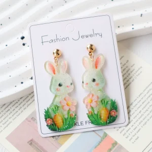 Easter Bunny Acrylic Dangle Earrings Watercolor Rabbit Carrot Flower Glitter Nickel Free Women Spring Holiday Jewelry