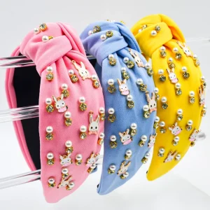 Easter Bunny Knotted Headband Women Pearl Rhinestone Embellished Wide Fabric Hair Hoop High Quality 13CM Charm Holiday Hair