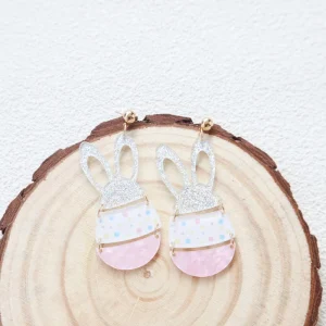 Easter Glitter Bunny Egg Acrylic Dangle Earrings Pink Polka Dot Spliced Drop Earrings Holiday Party Jewelry Gift for Women Girls