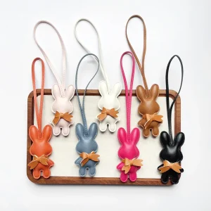 Eco Friendly Durable PU Leather Rabbit Bunny Bag Charm Keychain Soft Animal Croissant Bun Shape Car Key Chain Handbag Pendant