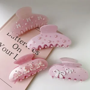 Eco Friendly Sweet Fashion Women Daily Hair Accessories Cute Girl Pink Bow Rhinestone Glitter Hair Clip Acetate Claw